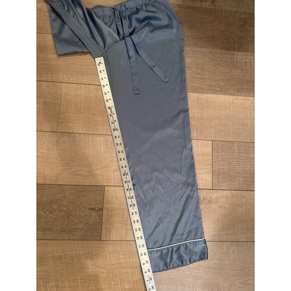 Luxury Blue Pajama Set With White Piping Button-Up Top & Drawstring Pants - Picture 2 of 7